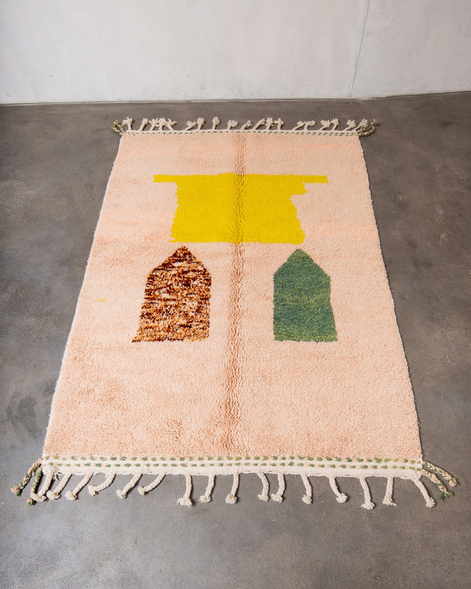 Modern, designer, handcrafted Berber rug from Morocco. Beniourain carpet with beautiful colours and patterns and fluffy wool texture.